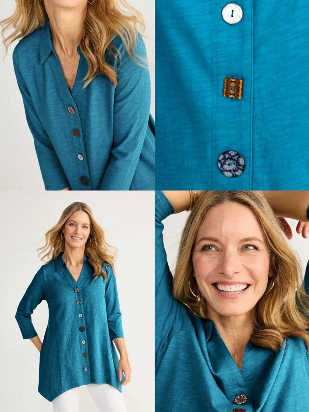 Soft Surroundings Delia Cardigan Women's L Teal Abstract Buttons Boho Lagenlook